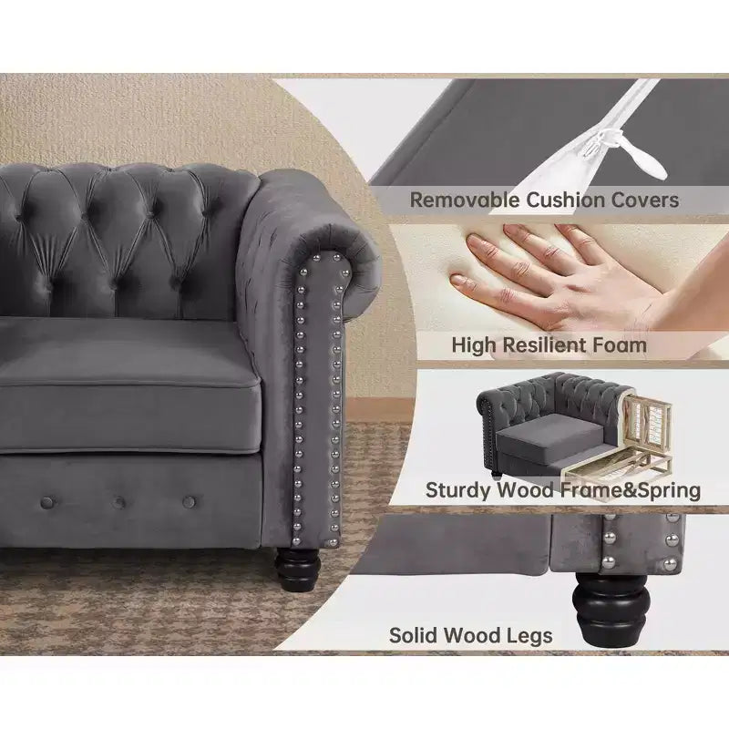 6 Seater 3pcs Linen Chesterfield Couches, Armchair Loveseat Sofa Set Tufted Couch for Living Room -Morden Fort