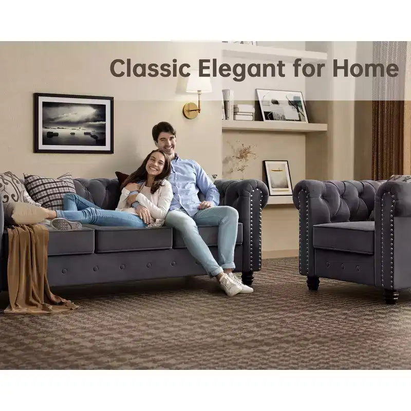 6 Seater 3pcs Linen Chesterfield Couches, Armchair Loveseat Sofa Set Tufted Couch for Living Room -Morden Fort