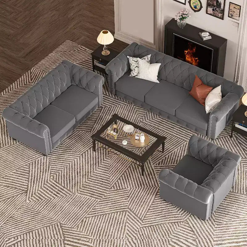 6 Seater 3pcs Linen Chesterfield Couches, Armchair Loveseat Sofa Set Tufted Couch for Living Room -Morden Fort