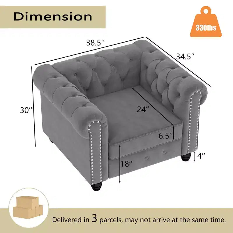 6 Seater 3pcs Linen Chesterfield Couches, Armchair Loveseat Sofa Set Tufted Couch for Living Room -Morden Fort