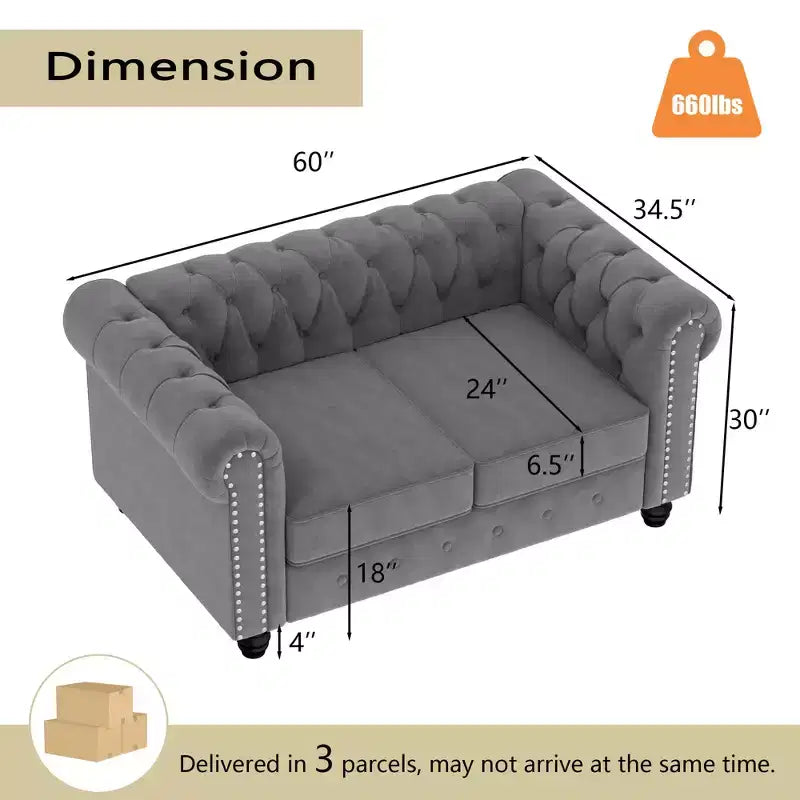 6 Seater 3pcs Linen Chesterfield Couches, Armchair Loveseat Sofa Set Tufted Couch for Living Room -Morden Fort