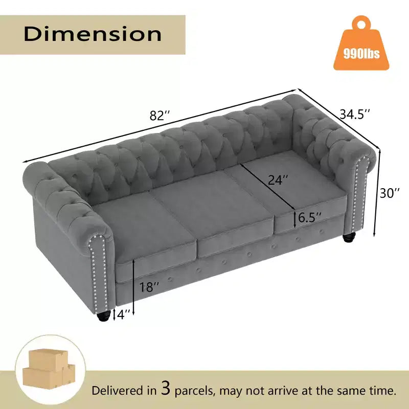 6 Seater 3pcs Linen Chesterfield Couches, Armchair Loveseat Sofa Set Tufted Couch for Living Room -Morden Fort