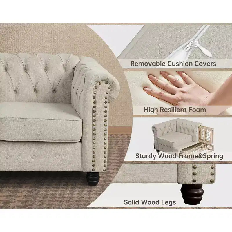 6 Seater 3pcs Linen Chesterfield Couches, Armchair Loveseat Sofa Set Tufted Couch for Living Room -Morden Fort