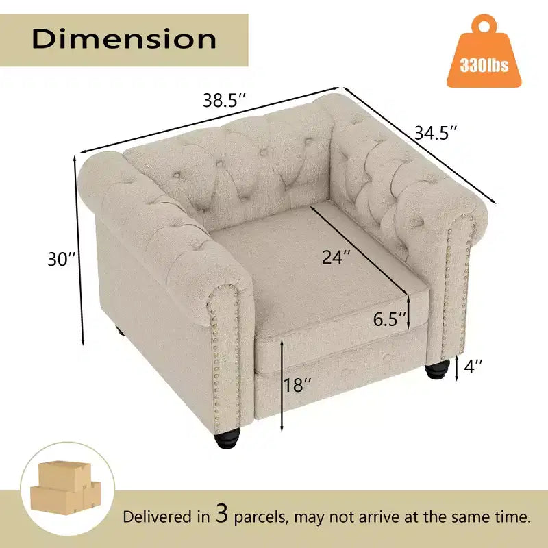 6 Seater 3pcs Linen Chesterfield Couches, Armchair Loveseat Sofa Set Tufted Couch for Living Room -Morden Fort