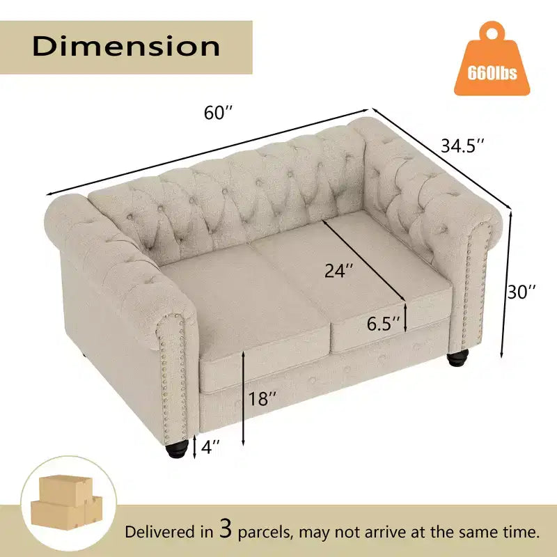6 Seater 3pcs Linen Chesterfield Couches, Armchair Loveseat Sofa Set Tufted Couch for Living Room -Morden Fort