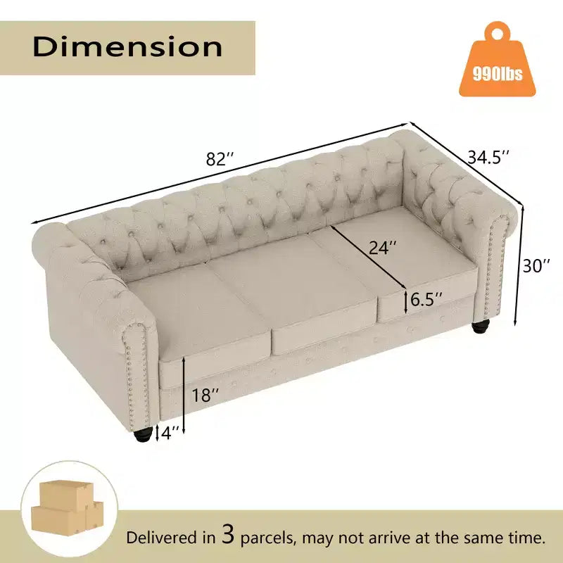6 Seater 3pcs Linen Chesterfield Couches, Armchair Loveseat Sofa Set Tufted Couch for Living Room -Morden Fort