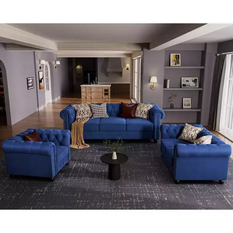 6 Seater 3pcs Linen Chesterfield Couches, Armchair Loveseat Sofa Set Tufted Couch for Living Room -Morden Fort