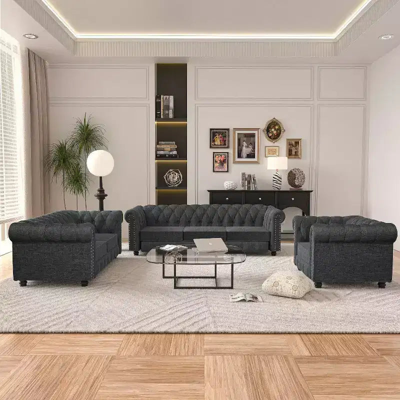 6 Seater 3pcs Linen Chesterfield Couches, Armchair Loveseat Sofa Set Tufted Couch for Living Room -Morden Fort