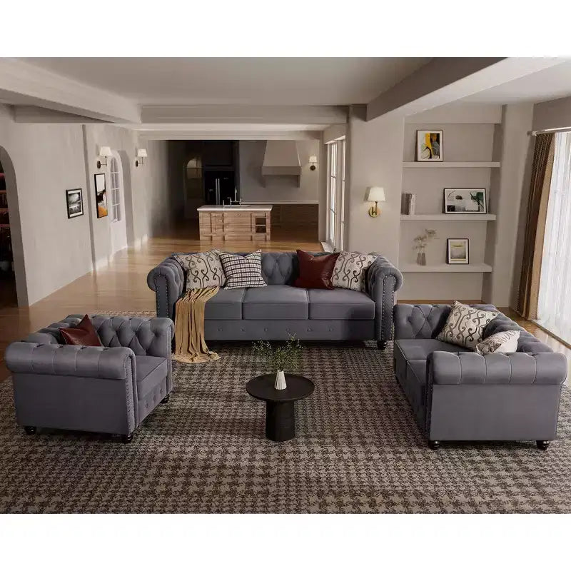 6 Seater 3pcs Linen Chesterfield Couches, Armchair Loveseat Sofa Set Tufted Couch for Living Room -Morden Fort
