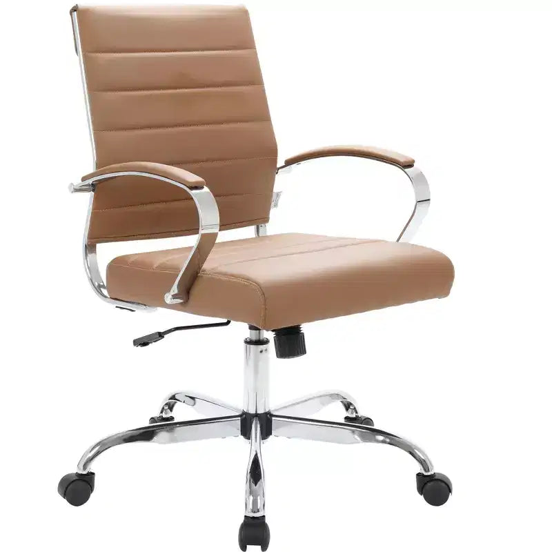 LeisureMod Benmar Ribbed Leather Office Chair - Mid-Century Modern Swivel & Tilt Executive Desk Chair - Chrome Base