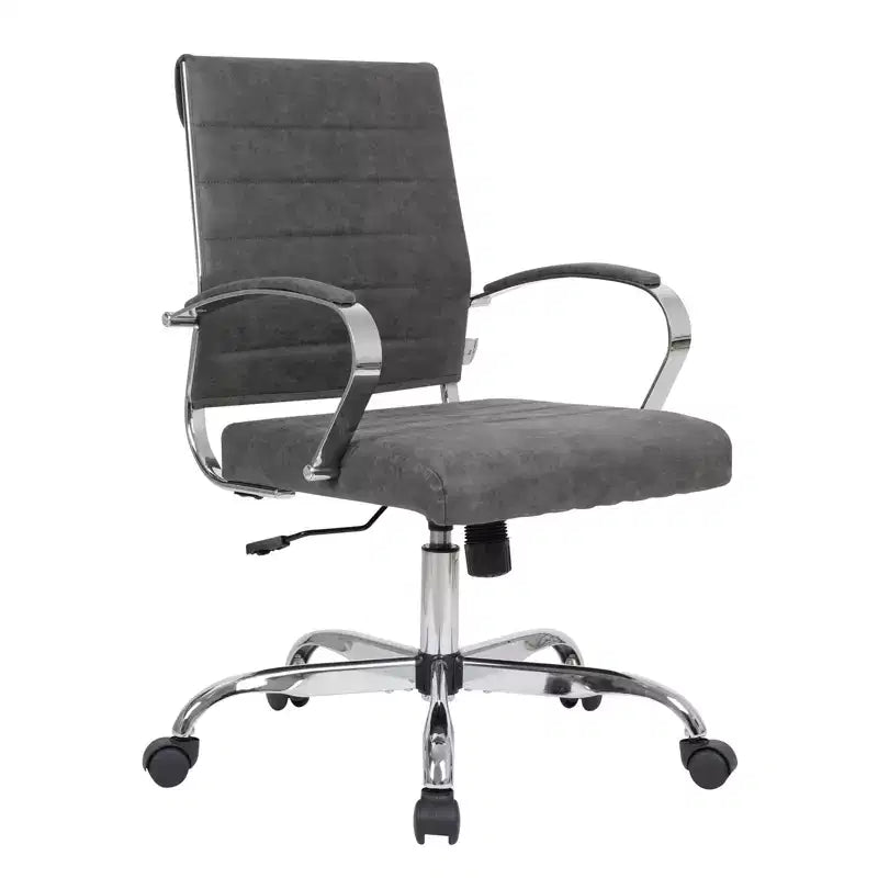 LeisureMod Benmar Ribbed Leather Office Chair - Mid-Century Modern Swivel & Tilt Executive Desk Chair - Chrome Base