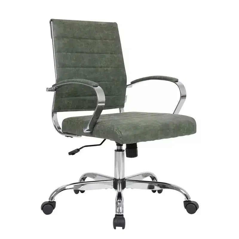 LeisureMod Benmar Ribbed Leather Office Chair - Mid-Century Modern Swivel & Tilt Executive Desk Chair - Chrome Base