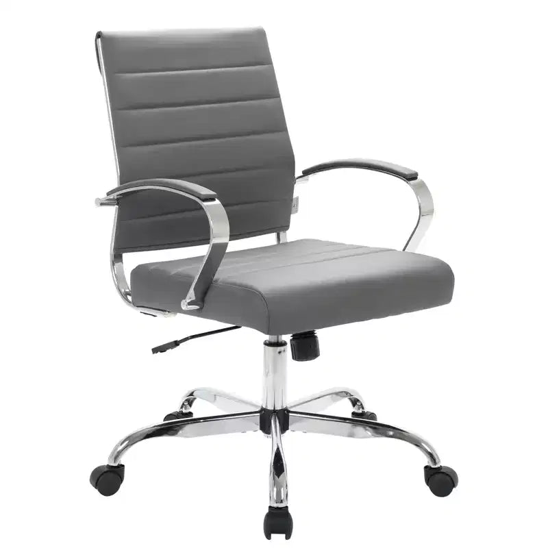 LeisureMod Benmar Ribbed Leather Office Chair - Mid-Century Modern Swivel & Tilt Executive Desk Chair - Chrome Base