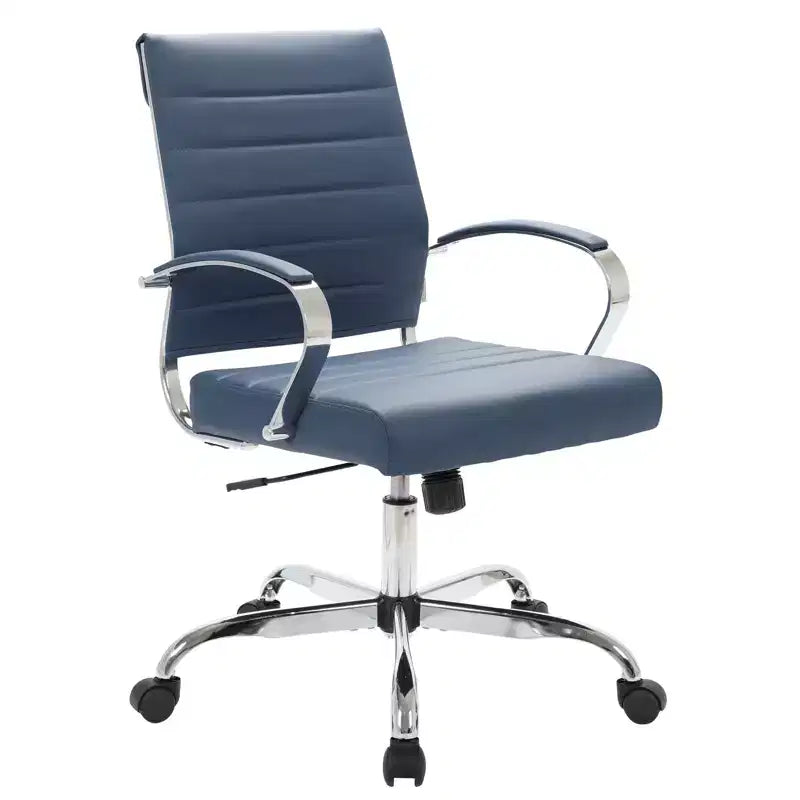 LeisureMod Benmar Ribbed Leather Office Chair - Mid-Century Modern Swivel & Tilt Executive Desk Chair - Chrome Base