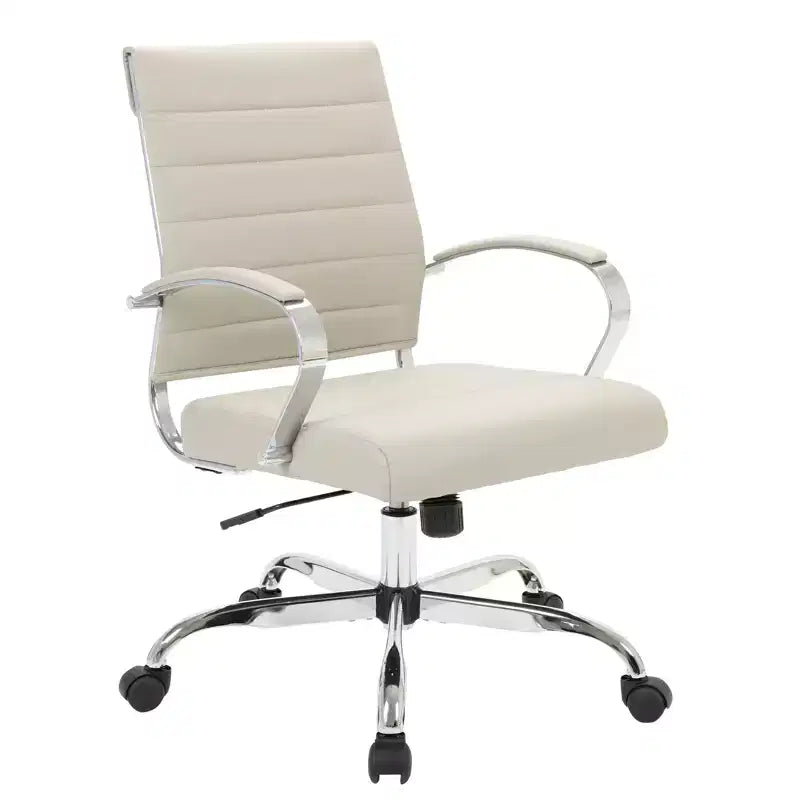 LeisureMod Benmar Ribbed Leather Office Chair - Mid-Century Modern Swivel & Tilt Executive Desk Chair - Chrome Base