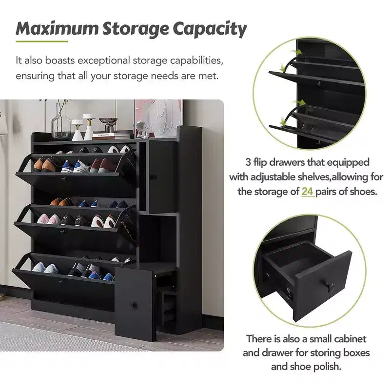 Shoe Cabinet with 3 Flip Drawers, Free Standing Shoe Organizer with Pull-down Seat, Hidden Shoe Storage Cabinet for Hallway Living Room