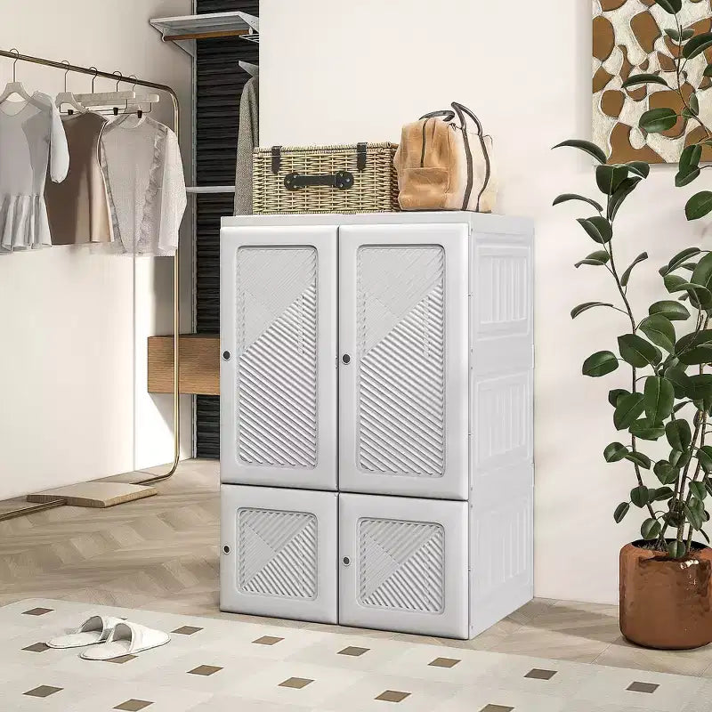 Portable Foldable Wardrobe Closet with Cube Compartments & Magnet Doors - White