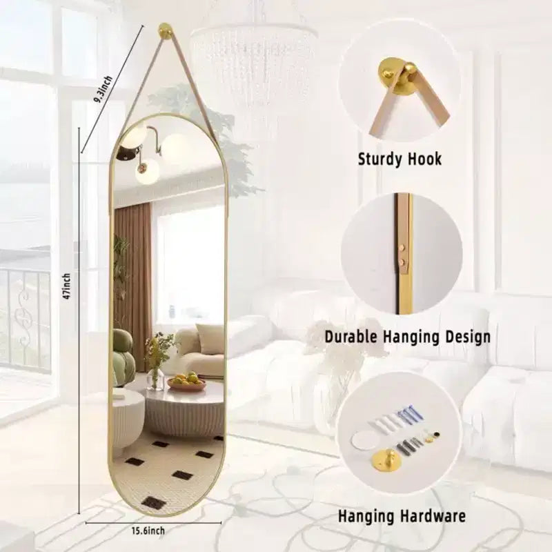 HOMLUX 16x48 Oval Pill Full Length Mirror Decorative Wall Hanging Mirror Bathroom Entryway,Black/Gold