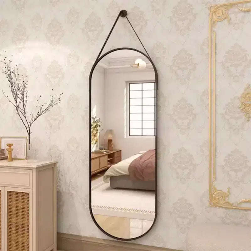HOMLUX 16x48 Oval Pill Full Length Mirror Decorative Wall Hanging Mirror Bathroom Entryway,Black/Gold