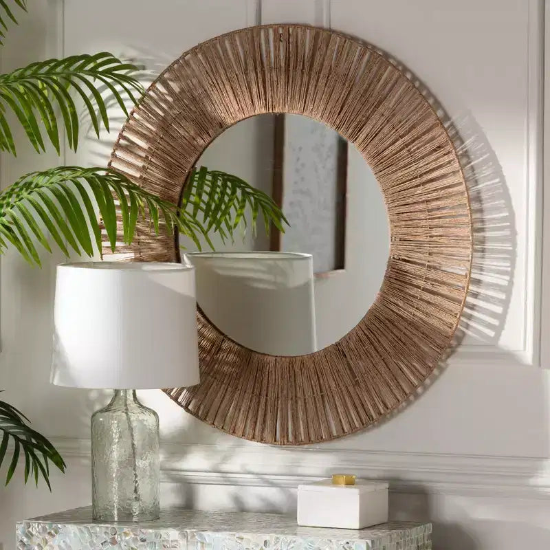 bali & pari Leala Modern Bohemian Metal and Natural Brown Seagrass Accent Wall Mirror
