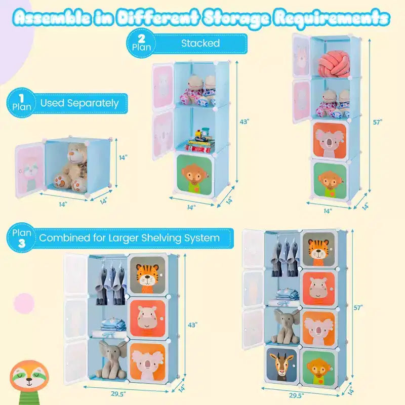 8-Cube Kids Wardrobe with Hanging Section & Animal Print Doors