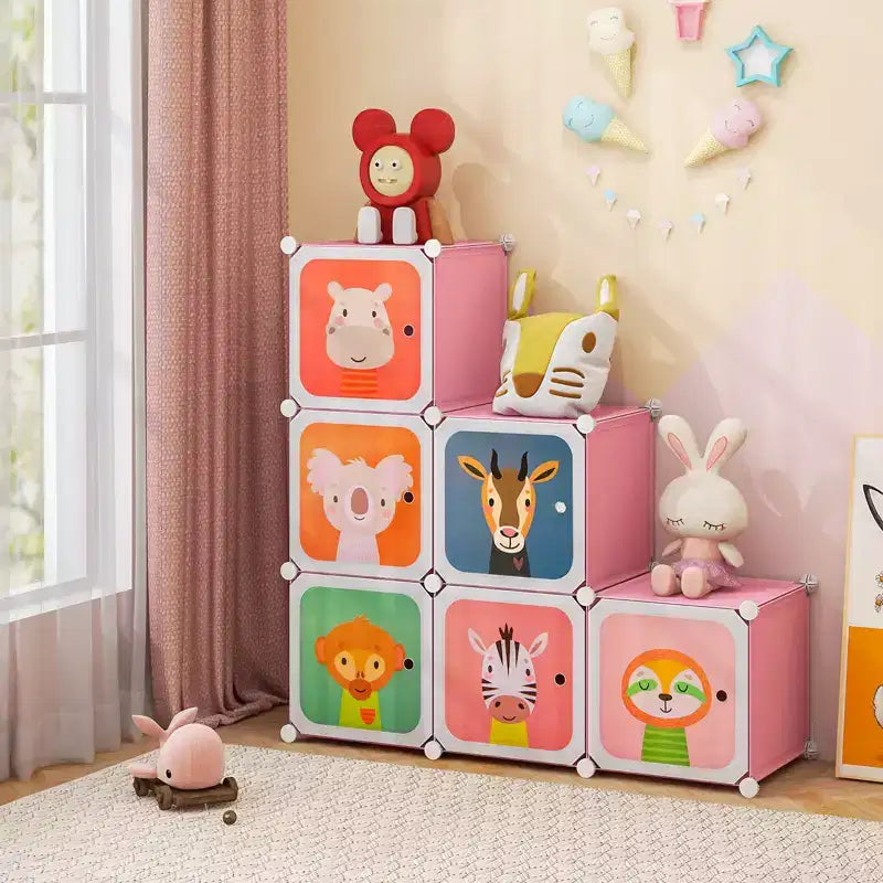 8-Cube Kids Wardrobe with Hanging Section & Animal Print Doors