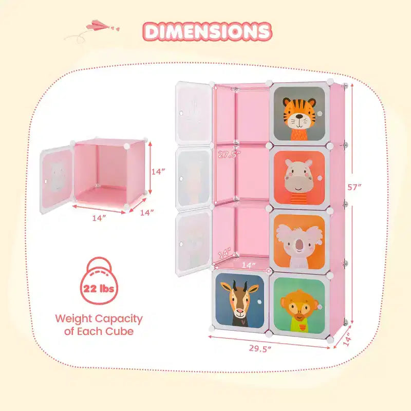 8-Cube Kids Wardrobe with Hanging Section & Animal Print Doors