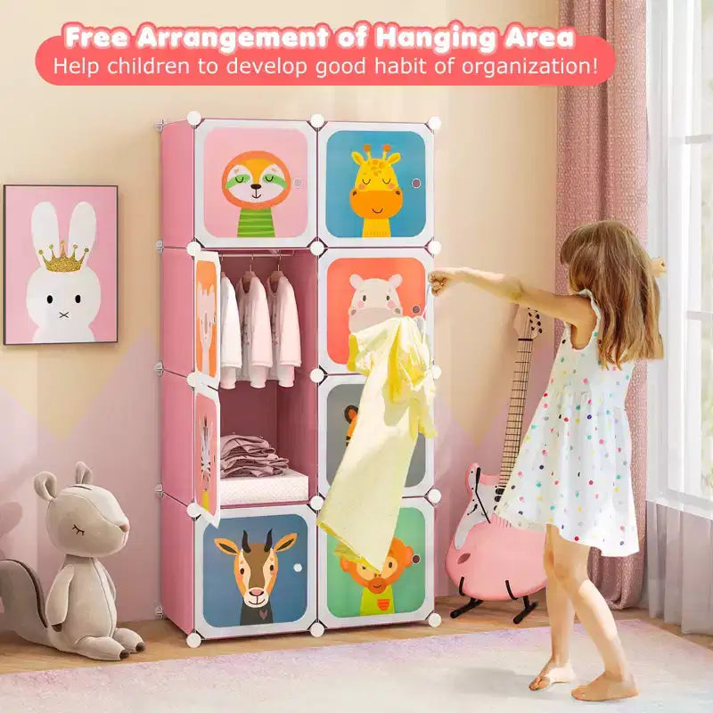 8-Cube Kids Wardrobe with Hanging Section & Animal Print Doors