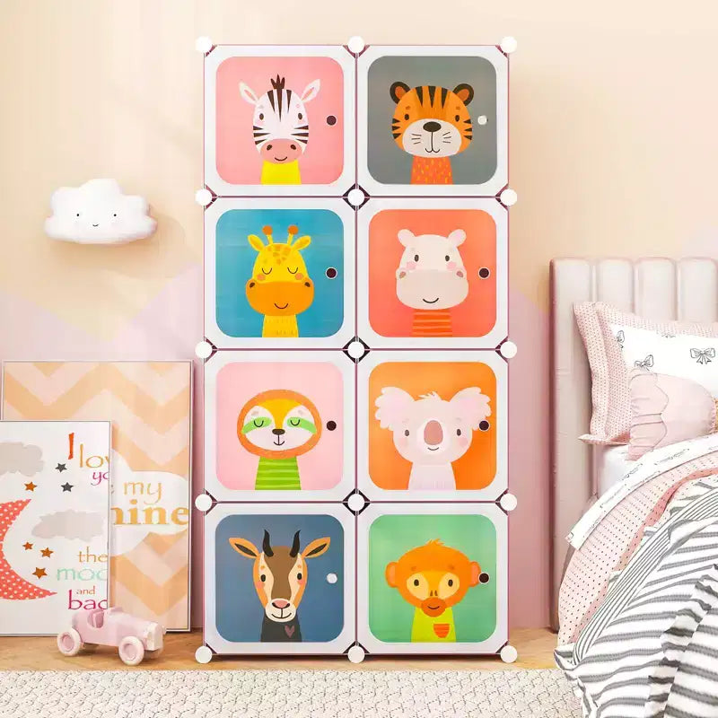 8-Cube Kids Wardrobe with Hanging Section & Animal Print Doors