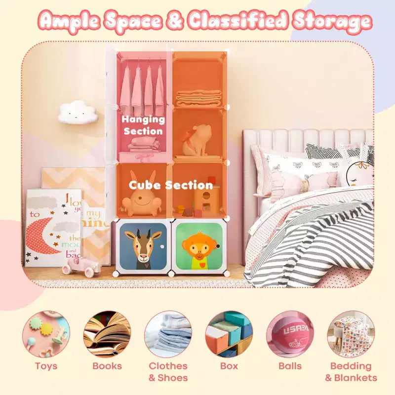 8-Cube Kids Wardrobe with Hanging Section & Animal Print Doors