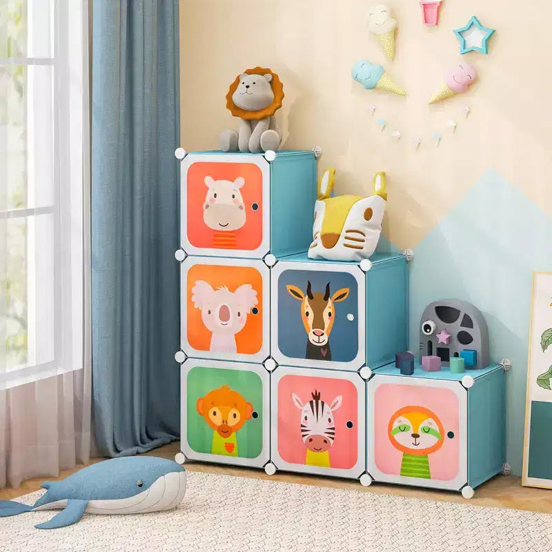 8-Cube Kids Wardrobe with Hanging Section & Animal Print Doors