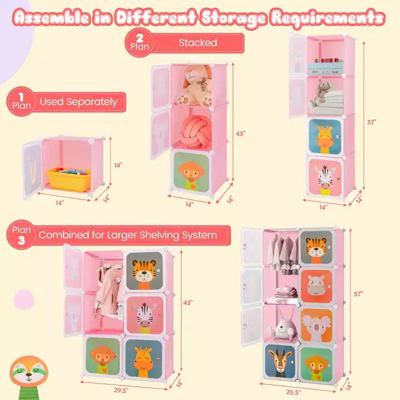 8-Cube Kids Wardrobe with Hanging Section & Animal Print Doors
