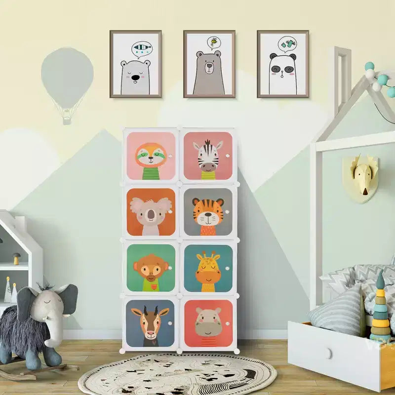 8-Cube Kids Wardrobe with Hanging Section & Animal Print Doors