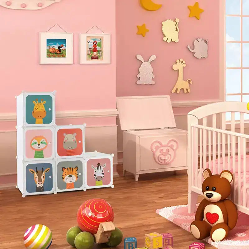 8-Cube Kids Wardrobe with Hanging Section & Animal Print Doors