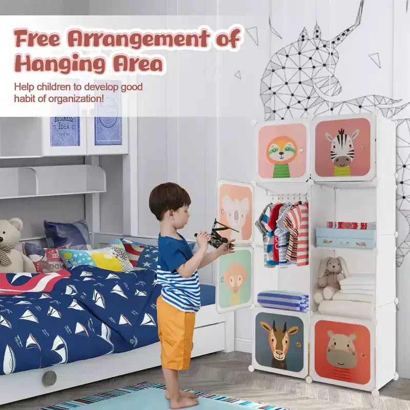 8-Cube Kids Wardrobe with Hanging Section & Animal Print Doors