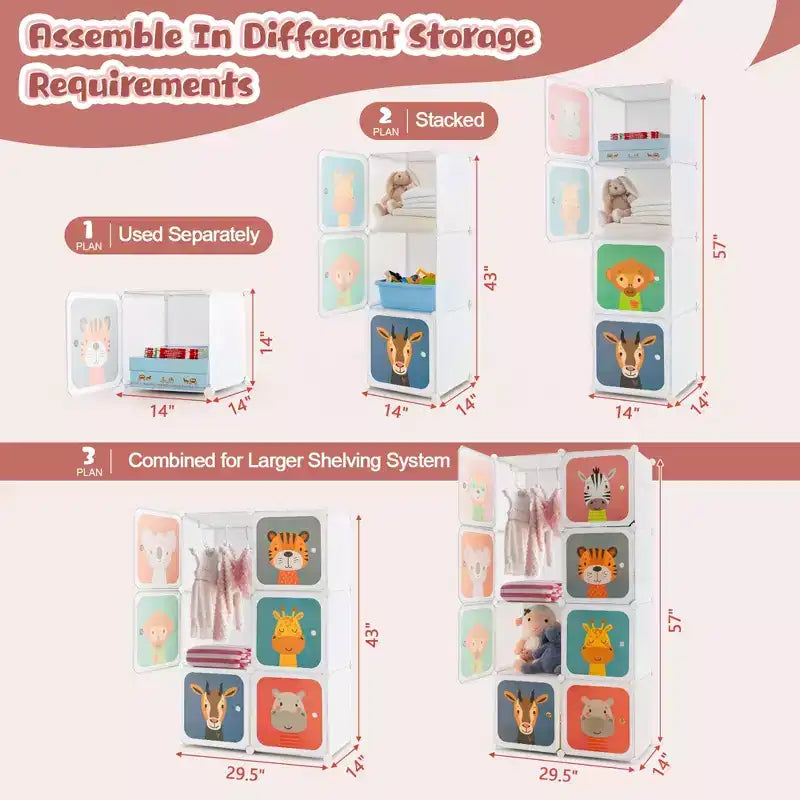 8-Cube Kids Wardrobe with Hanging Section & Animal Print Doors