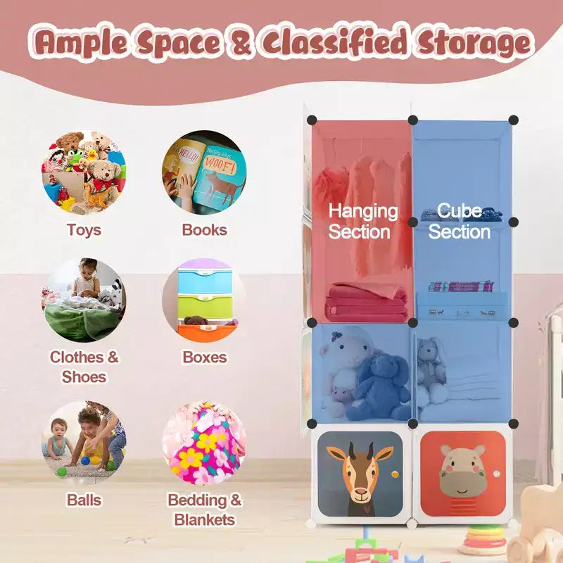 8-Cube Kids Wardrobe with Hanging Section & Animal Print Doors