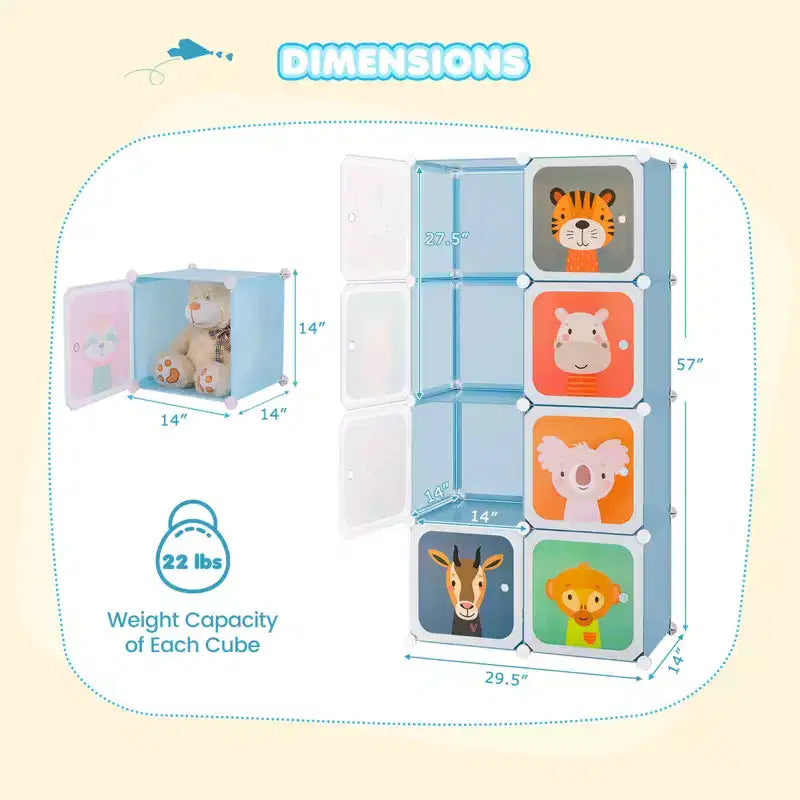 8-Cube Kids Wardrobe with Hanging Section & Animal Print Doors