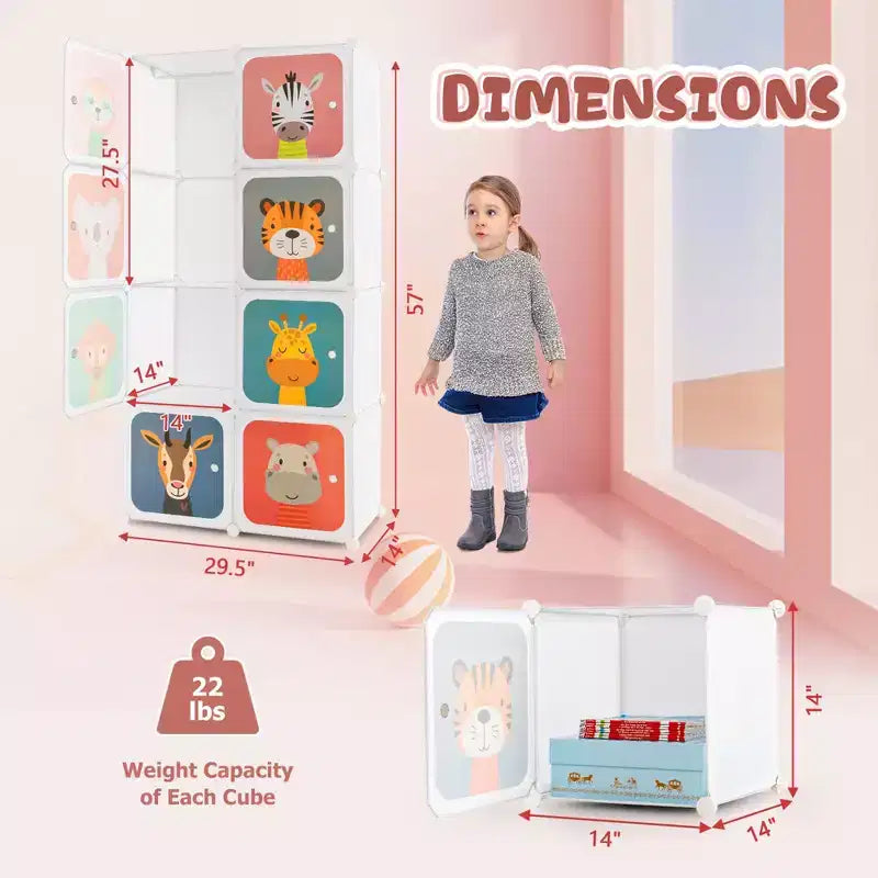 8-Cube Kids Wardrobe with Hanging Section & Animal Print Doors