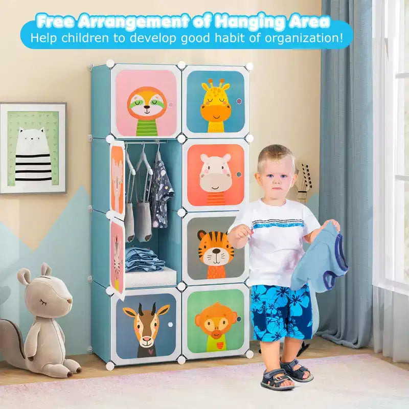 8-Cube Kids Wardrobe with Hanging Section & Animal Print Doors