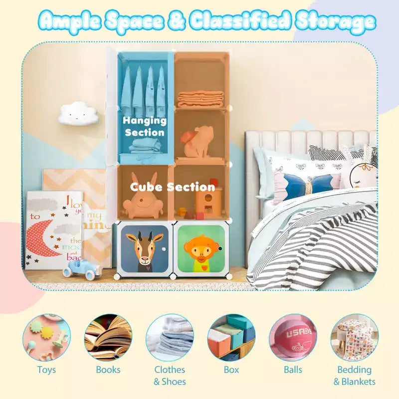 8-Cube Kids Wardrobe with Hanging Section & Animal Print Doors