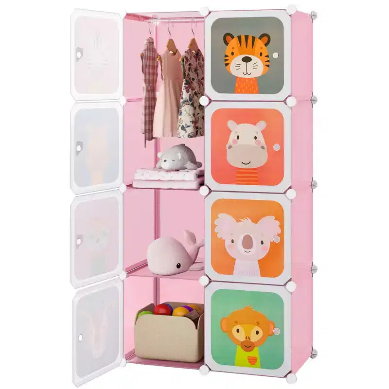 8-Cube Kids Wardrobe with Hanging Section & Animal Print Doors