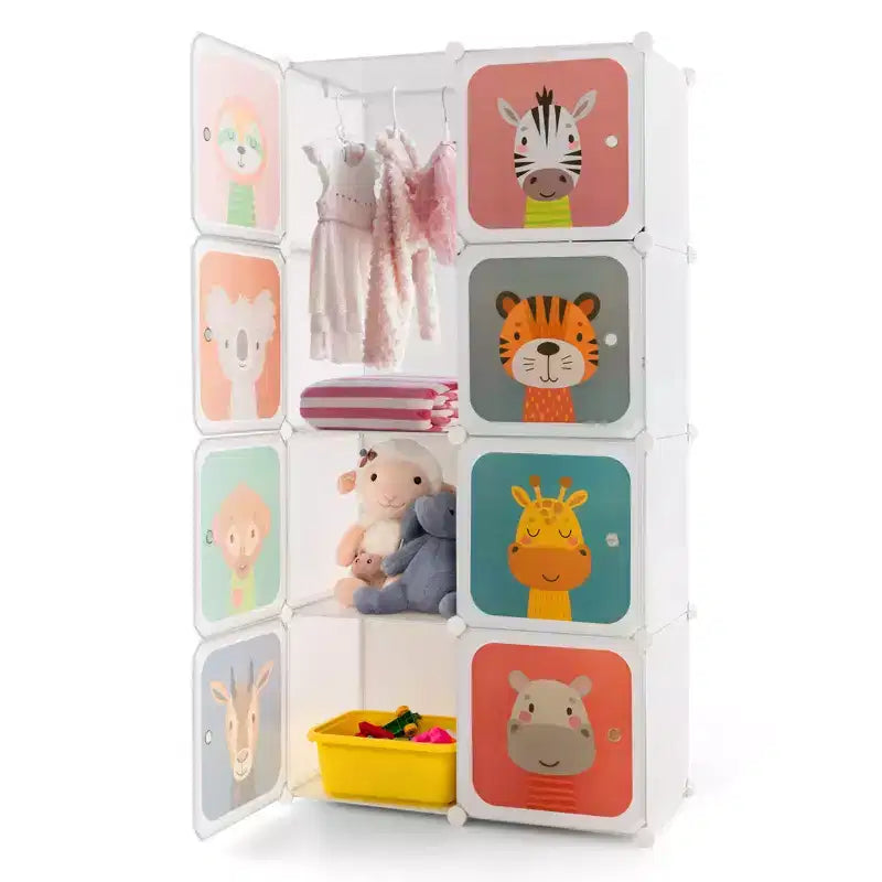 8-Cube Kids Wardrobe with Hanging Section & Animal Print Doors
