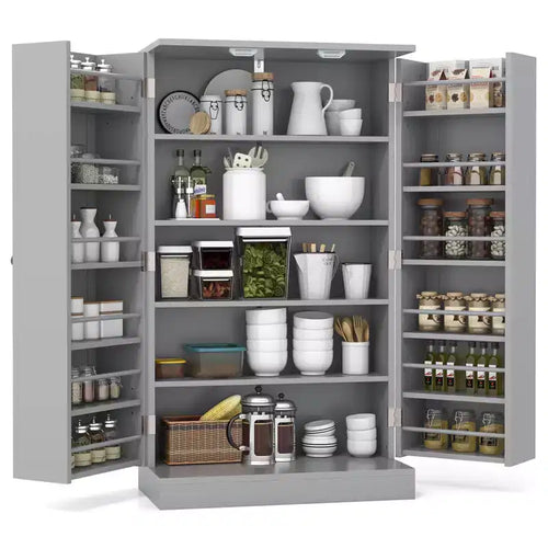 Costway 41 Farmhouse Kitchen Pantry Storage Cabinet withDoors Adjustable Shelves Gray/White