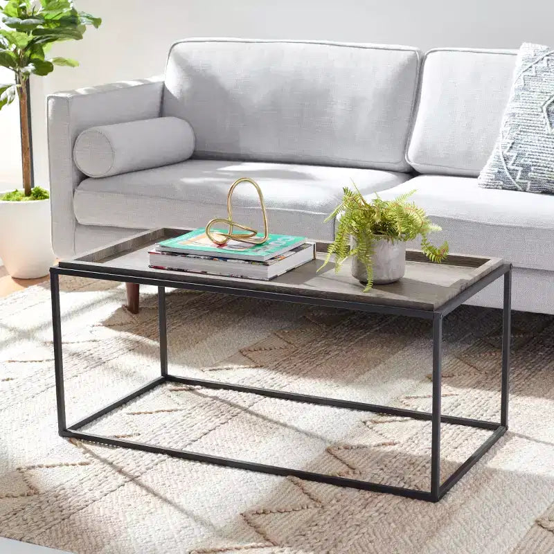 Rectangle Coffee Table with Wood Tray Top & Black Metal Frame