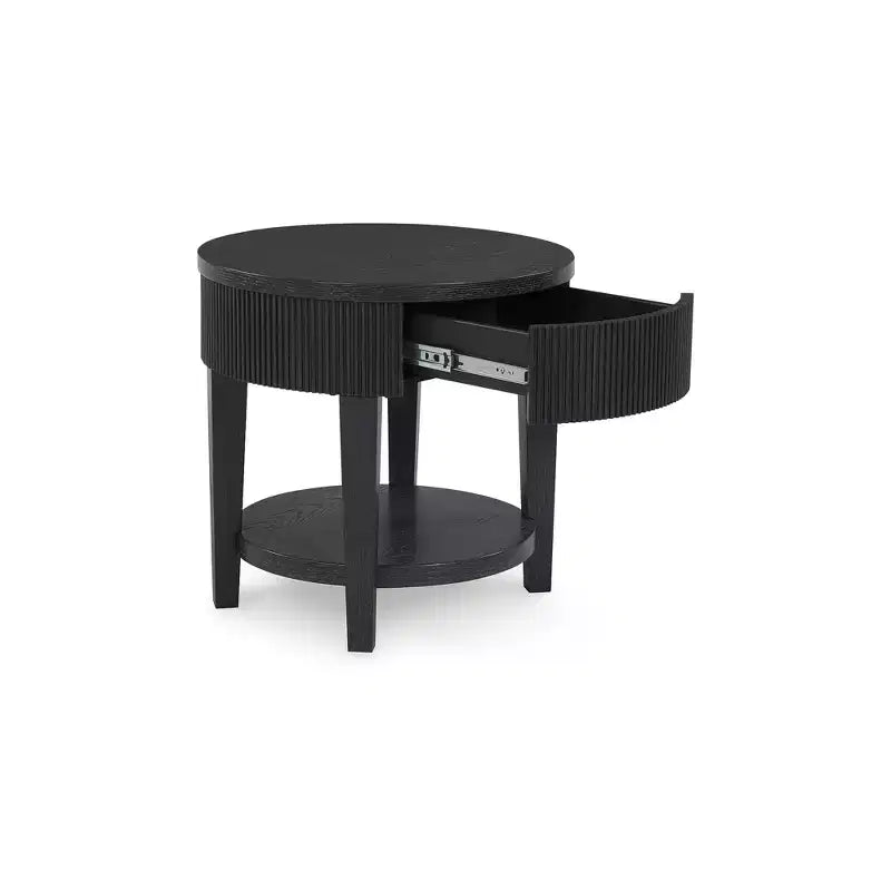 Round End Table with 1 Drawer & Reeded Apron - Dark Charcoal Black