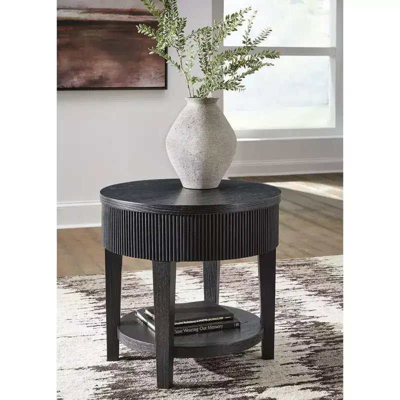 Round End Table with 1 Drawer & Reeded Apron - Dark Charcoal Black