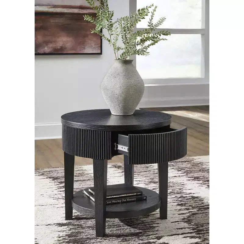 Round End Table with 1 Drawer & Reeded Apron - Dark Charcoal Black