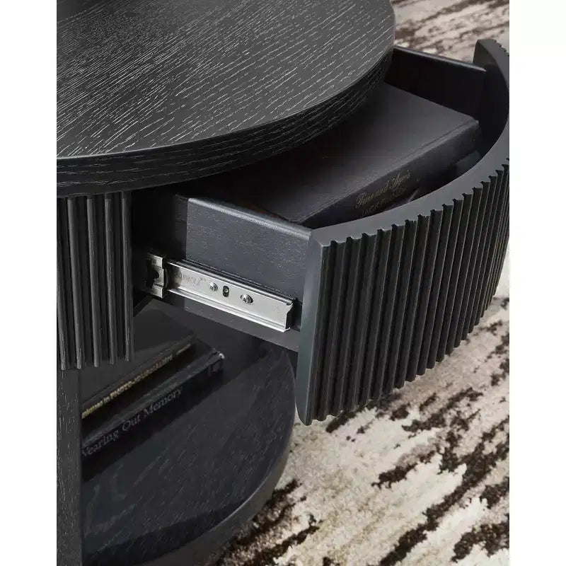Round End Table with 1 Drawer & Reeded Apron - Dark Charcoal Black