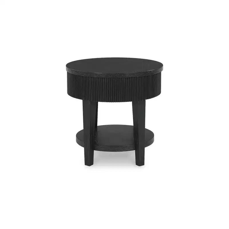 Round End Table with 1 Drawer & Reeded Apron - Dark Charcoal Black